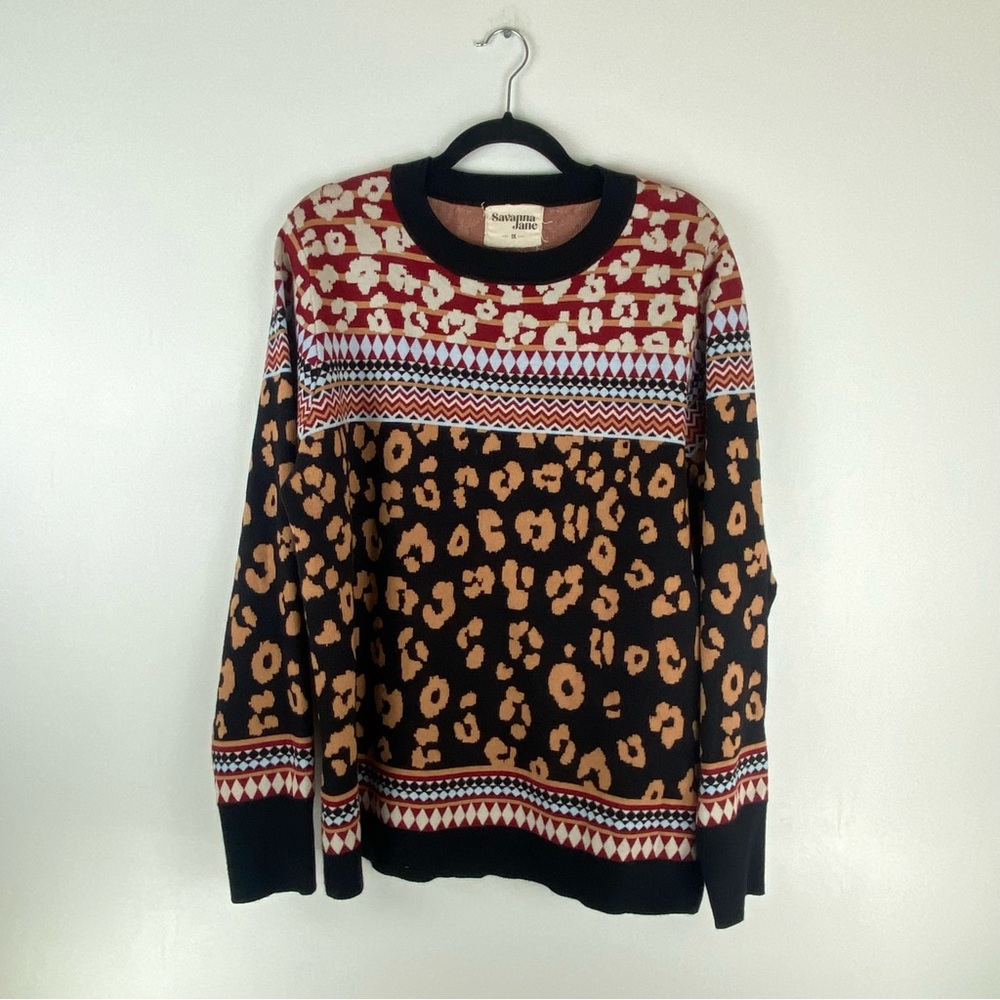 Savanna Jane Women’s Leopard Print Crewneck Sweater in Black and Tan
